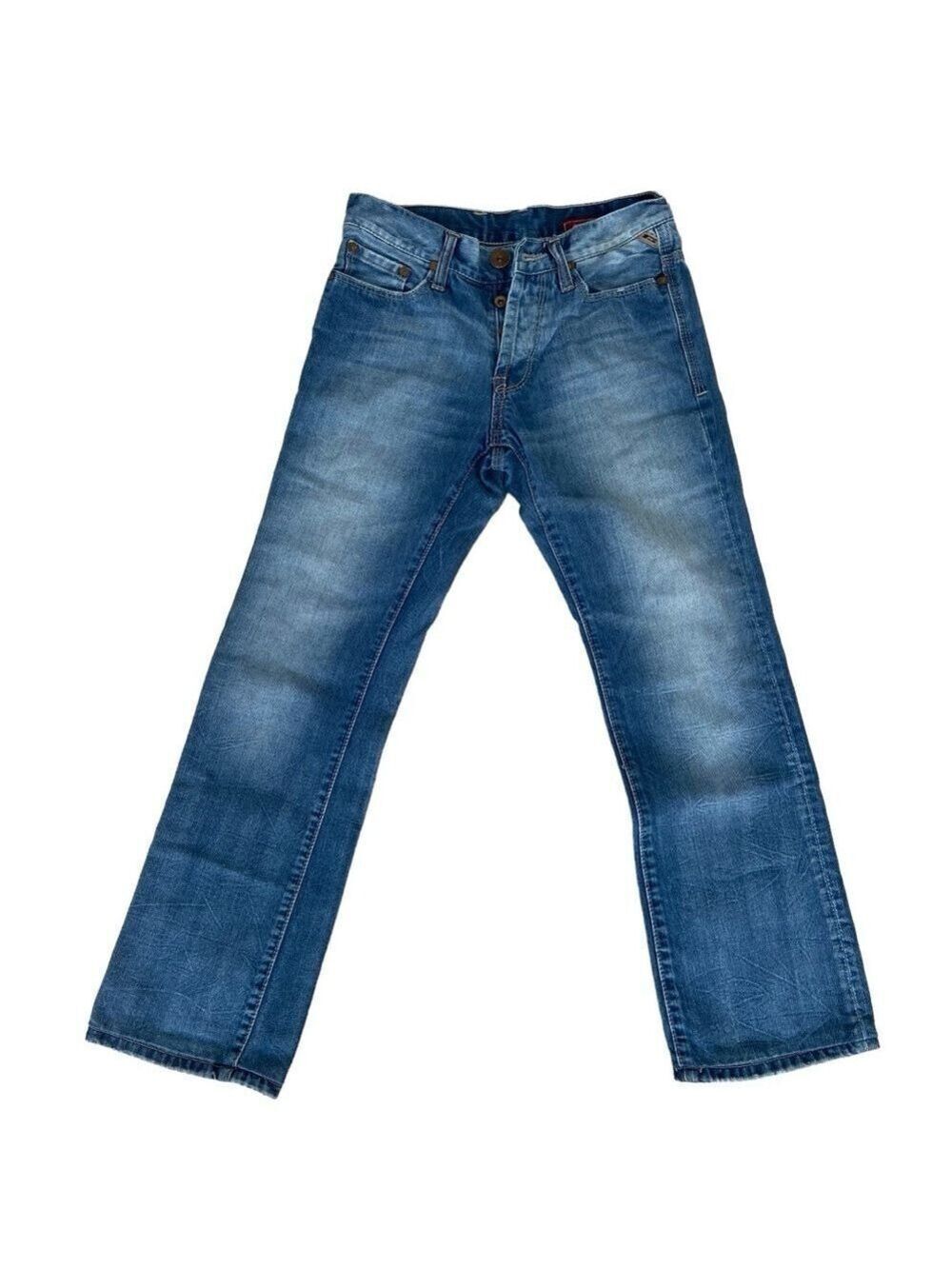 Jack & Jones men jeans button fly blue boot cut contrasting stitches cotton 29